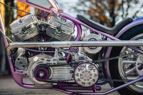 Hunter+Kelly-Unity+MFG-1953+Panhead-Turbo+Lover-1411 Close-up of a purple custom motorcycle engine with chrome components and exposed belt drive.